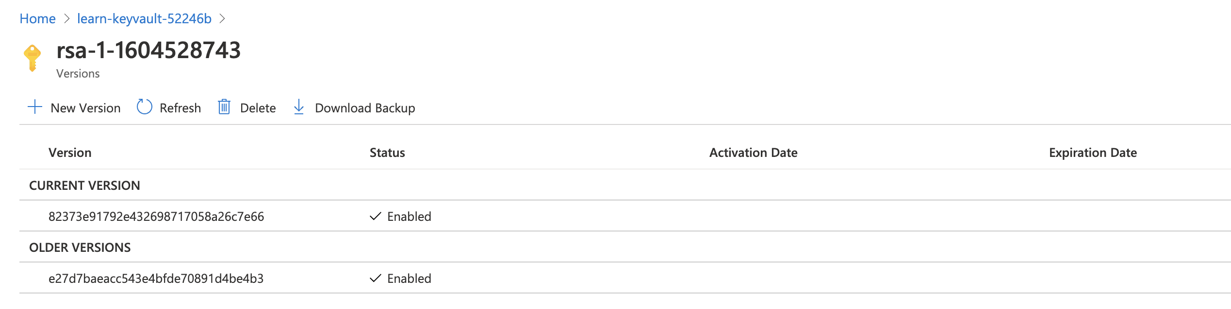 Screenshot showing key versions in Azure